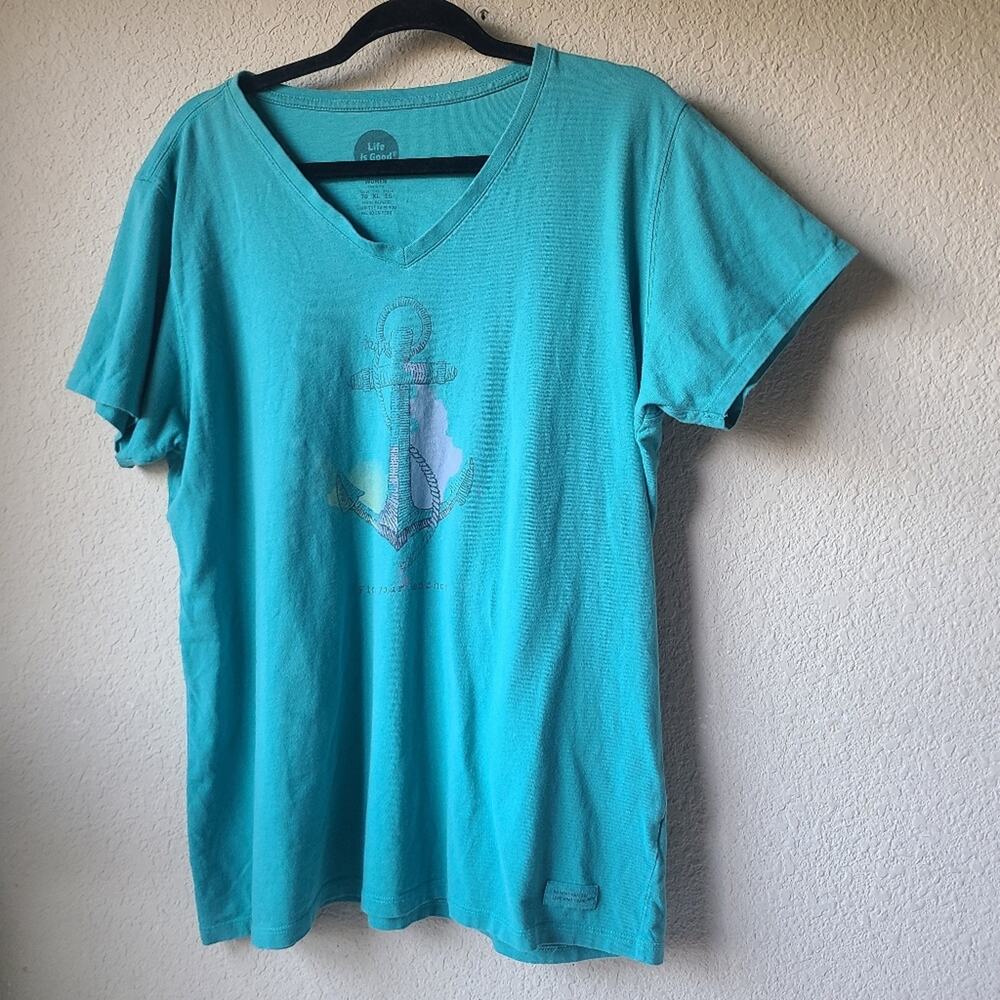 Life Is Good Teal V-Neck T-Shirt with Anchor Design Size XL